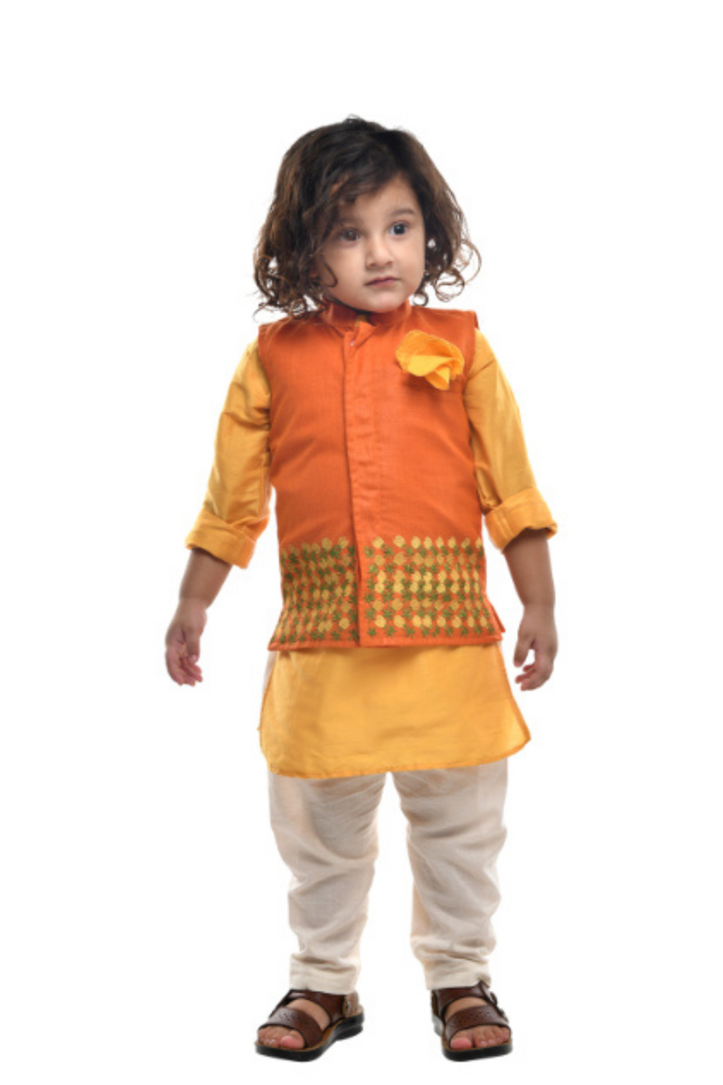 Mustard Kurta With Orange Embroidered Jacket
