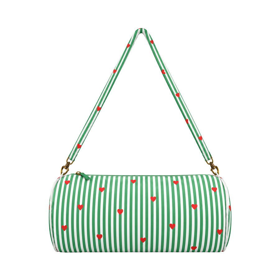 Duffle Bag- Green Stripe & Red Heart Print