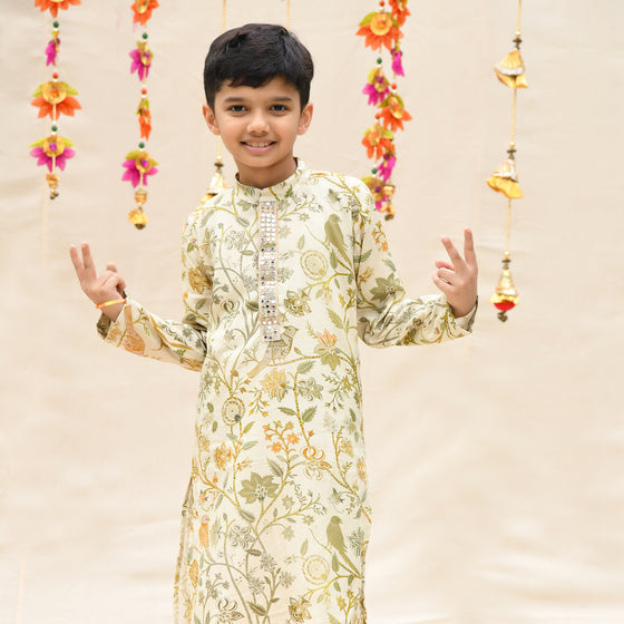 Cream Cotton Mul Garden Ombre Pattern Kurta With Pant For Boys