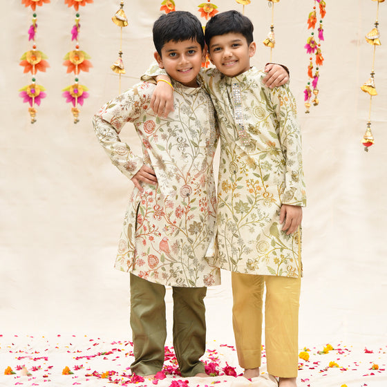 Cream Cotton Mul Garden Ombre Pattern Kurta With Pant For Boys