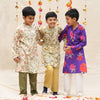 purple kurta with red flowers printed on it with pants