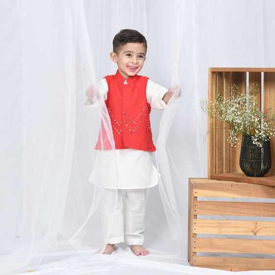 red mirror work jacket with off white kurta and pajama