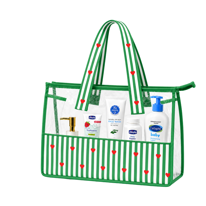 Tote bag- Green Stripe & Red Heart Print