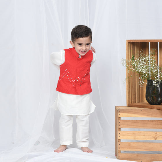 red mirror work jacket with off white kurta and pajama