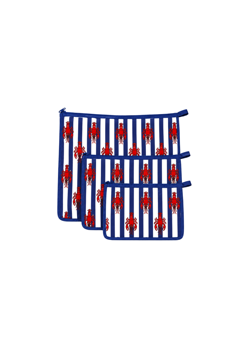 Pouch set- Navy Blue Stripe & Red Lobster Print