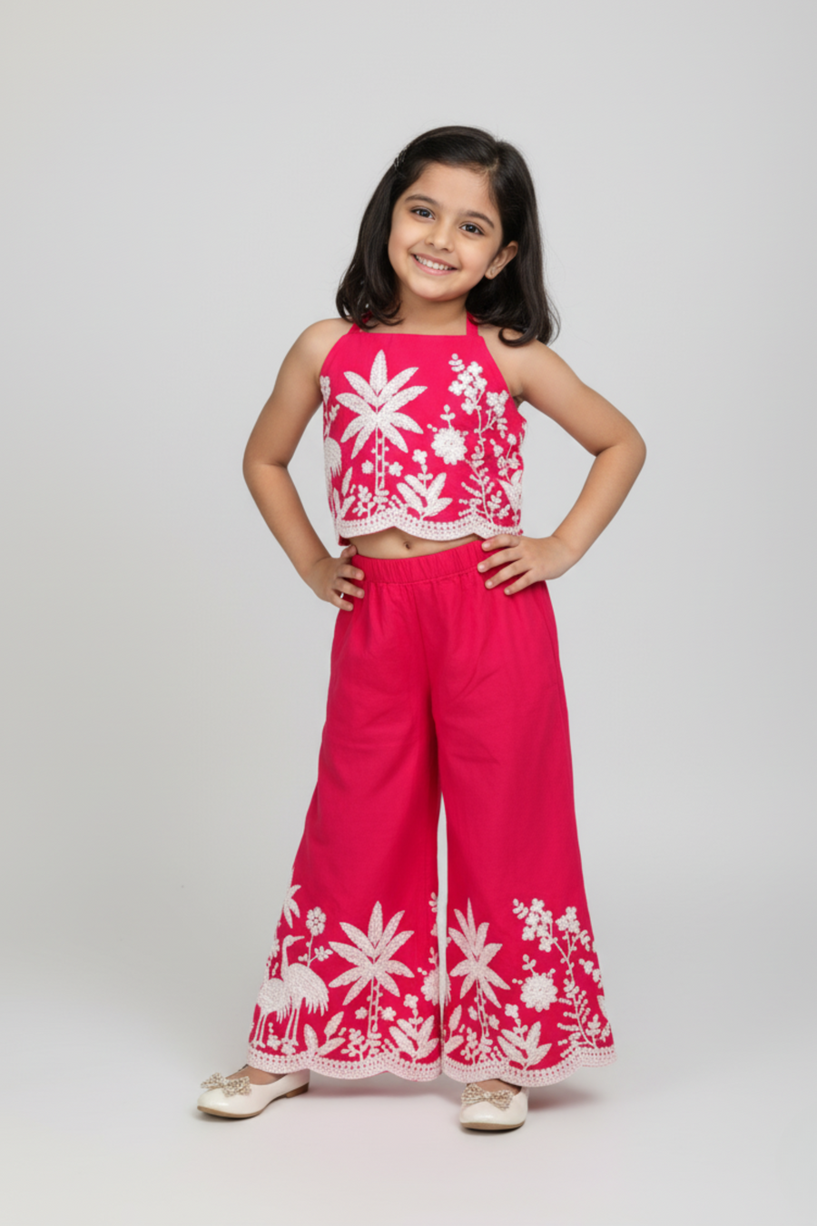 Pink cotton embroidered palazzo with halter top