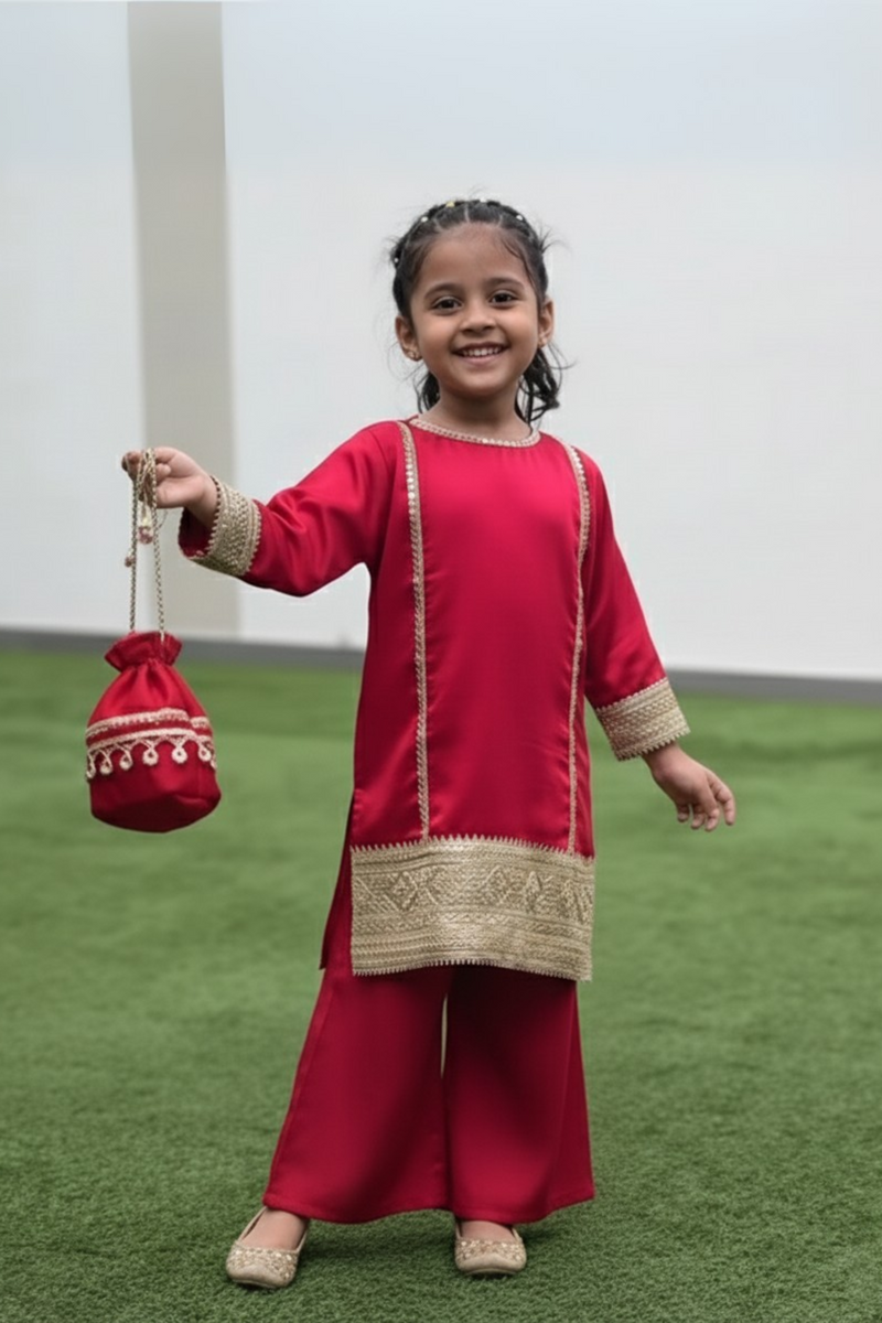 Red Satin Pallazo and kurta set with potli