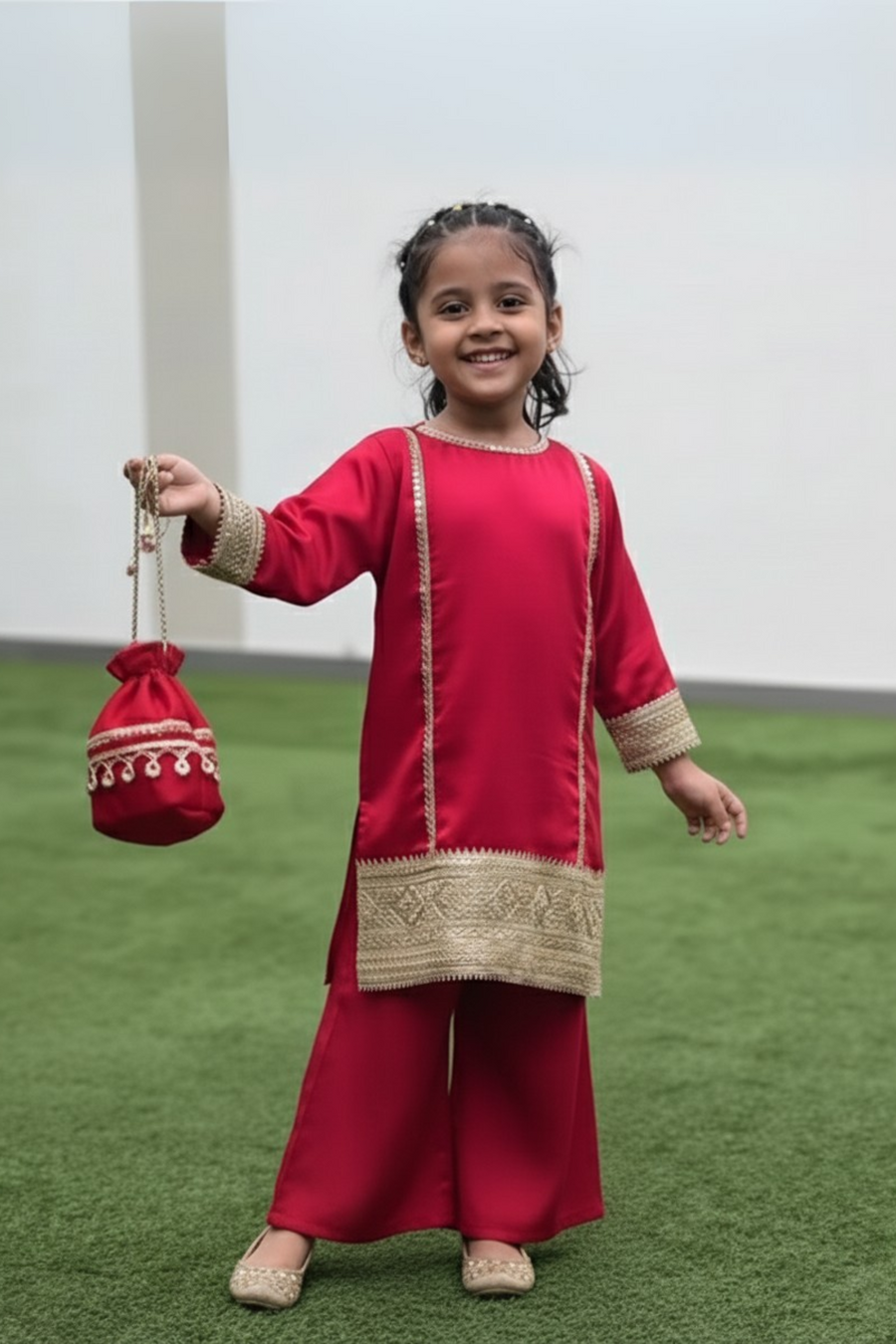 Red Satin Pallazo and kurta set with potli