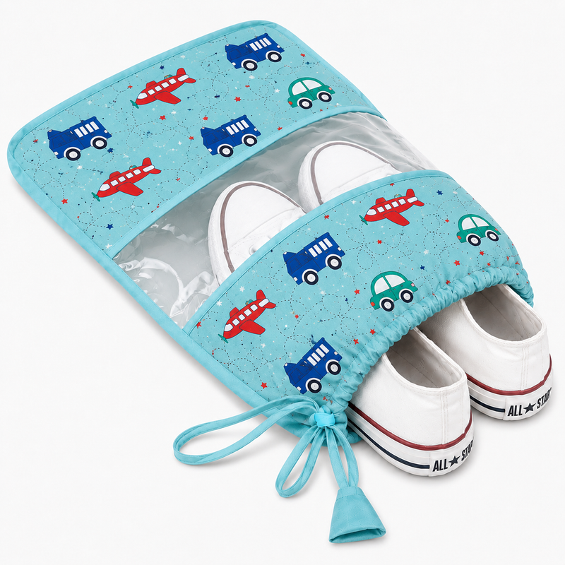 Shoe Bag – Blue Transport Print