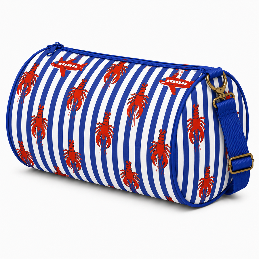 Duffle Bag-  Navy Blue Stripe & Red Lobster Print