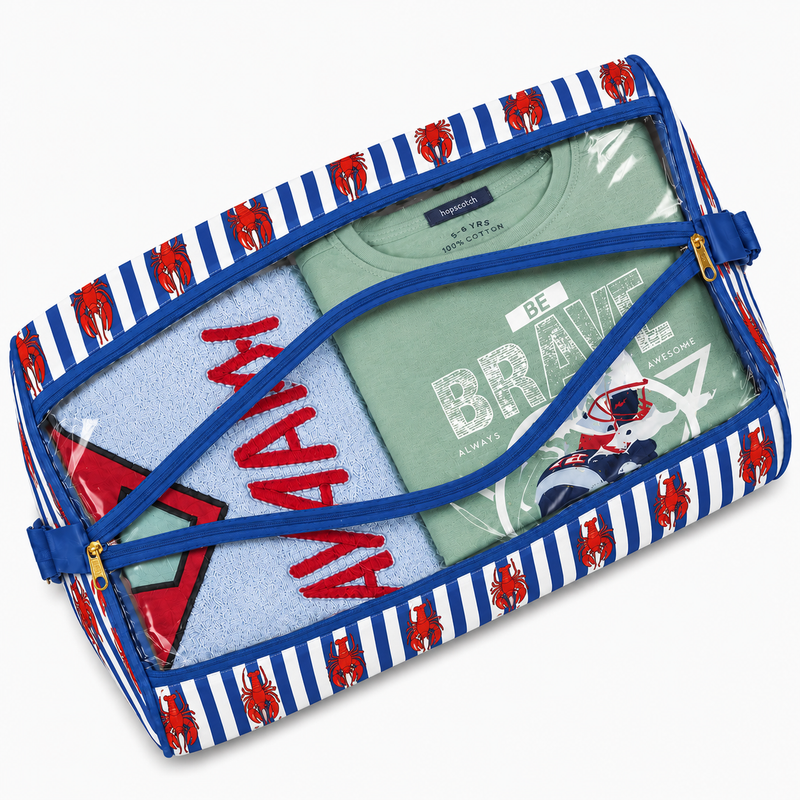 Duffle Bag-  Navy Blue Stripe & Red Lobster Print