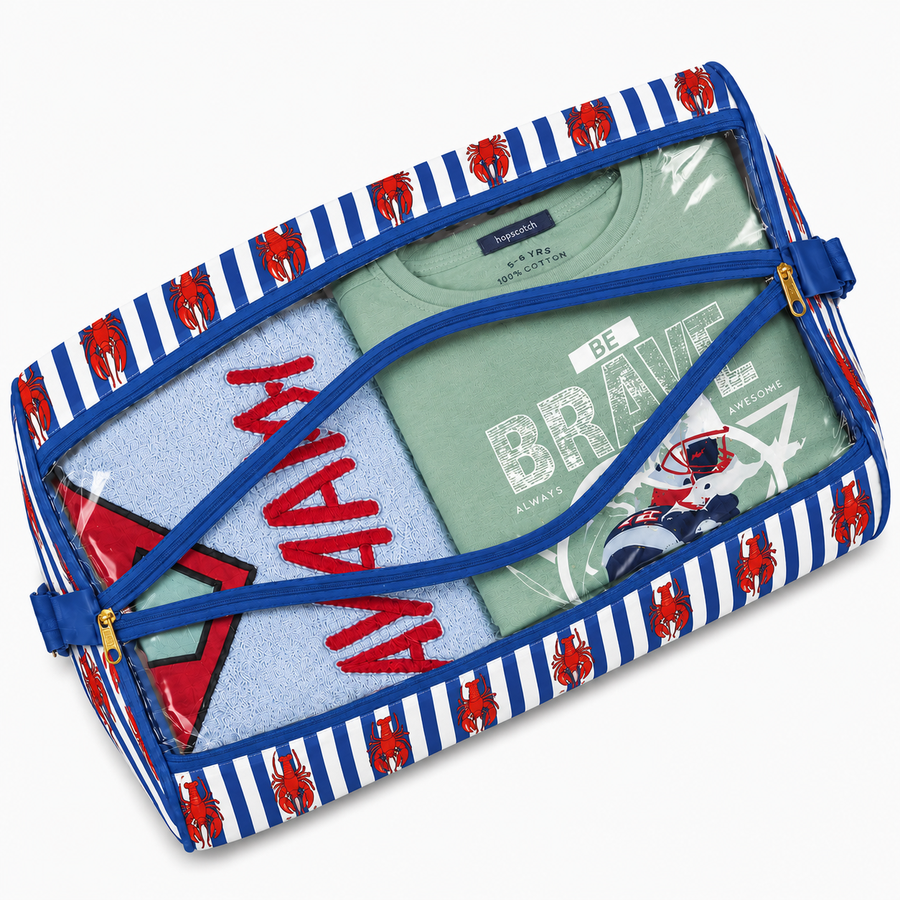 Duffle Bag-  Navy Blue Stripe & Red Lobster Print