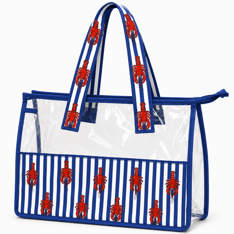 Tote bag-  Navy Blue Stripe & Red Lobster Print