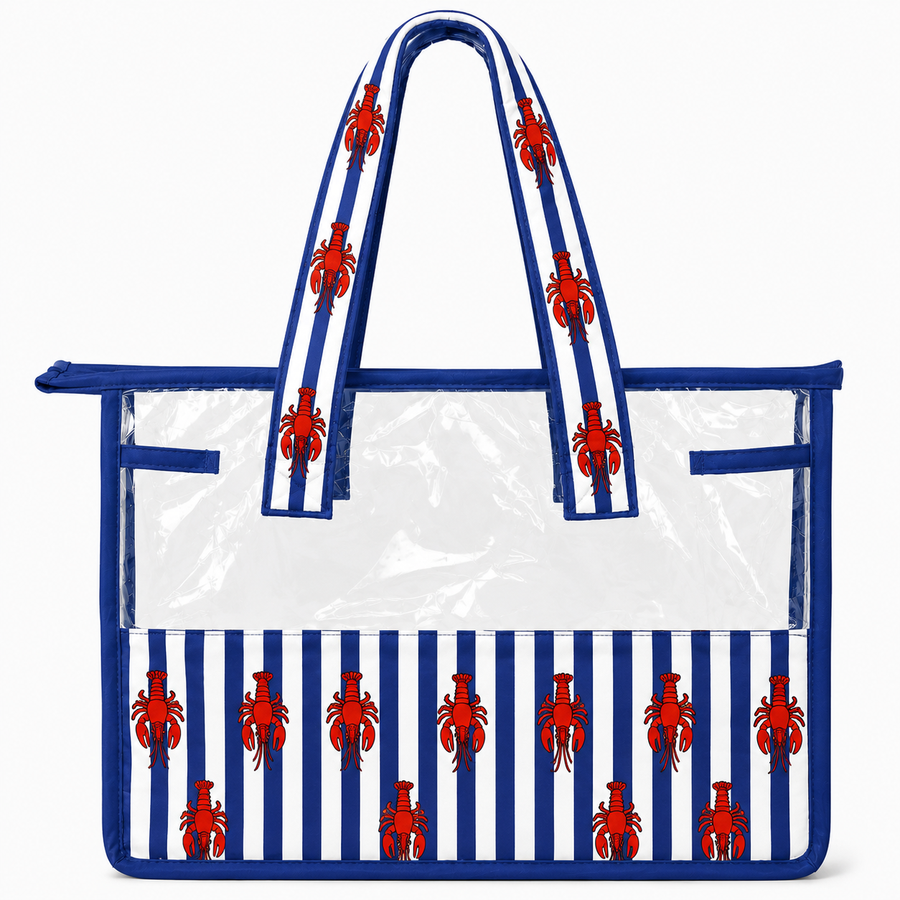 Tote bag-  Navy Blue Stripe & Red Lobster Print