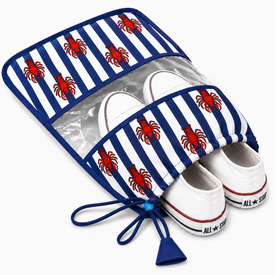 Shoe Bag – Navy Blue Stripe & Red Lobster Print