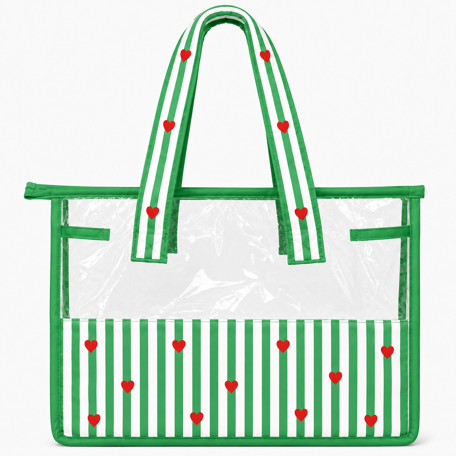 Tote bag- Green Stripe & Red Heart Print