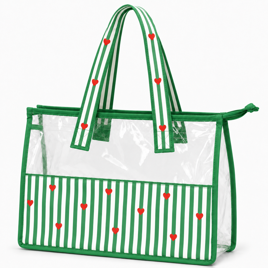 Tote bag- Green Stripe & Red Heart Print
