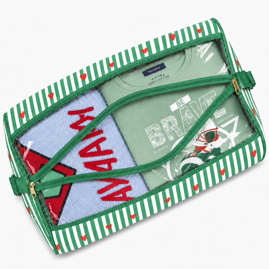Duffle Bag- Green Stripe & Red Heart Print