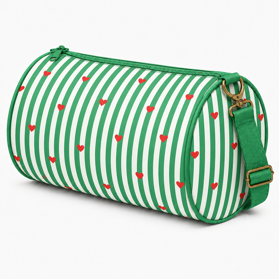 Duffle Bag- Green Stripe & Red Heart Print