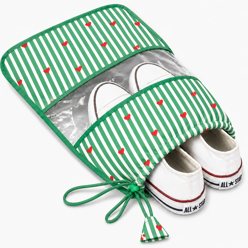 Shoe Bag – Green Stripe & Red Heart Print