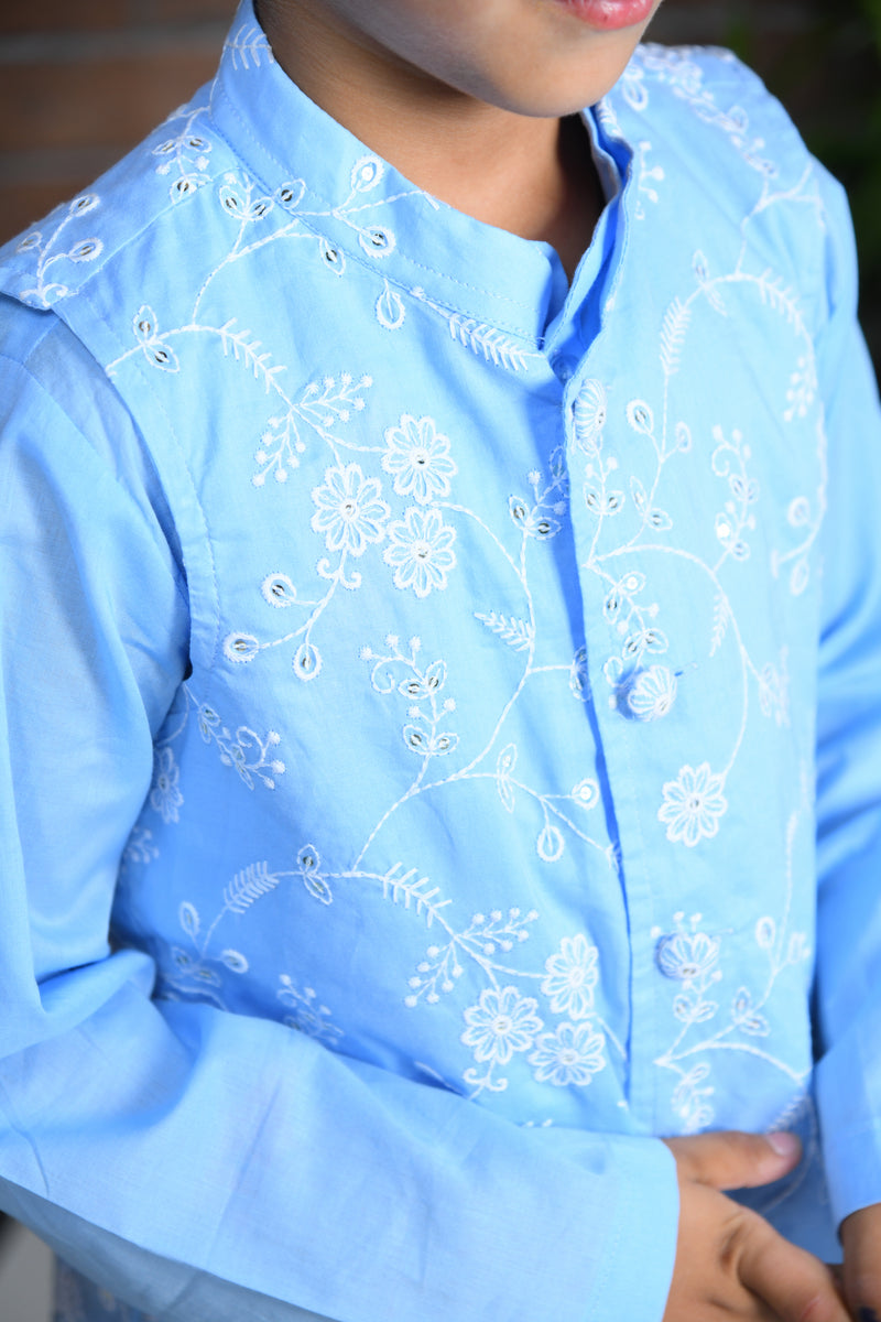 Blue cotton kurta with embroidered floral jacket  with pants