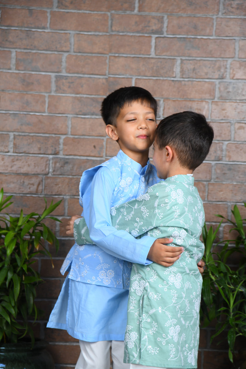 Blue cotton kurta with embroidered floral jacket  with pants