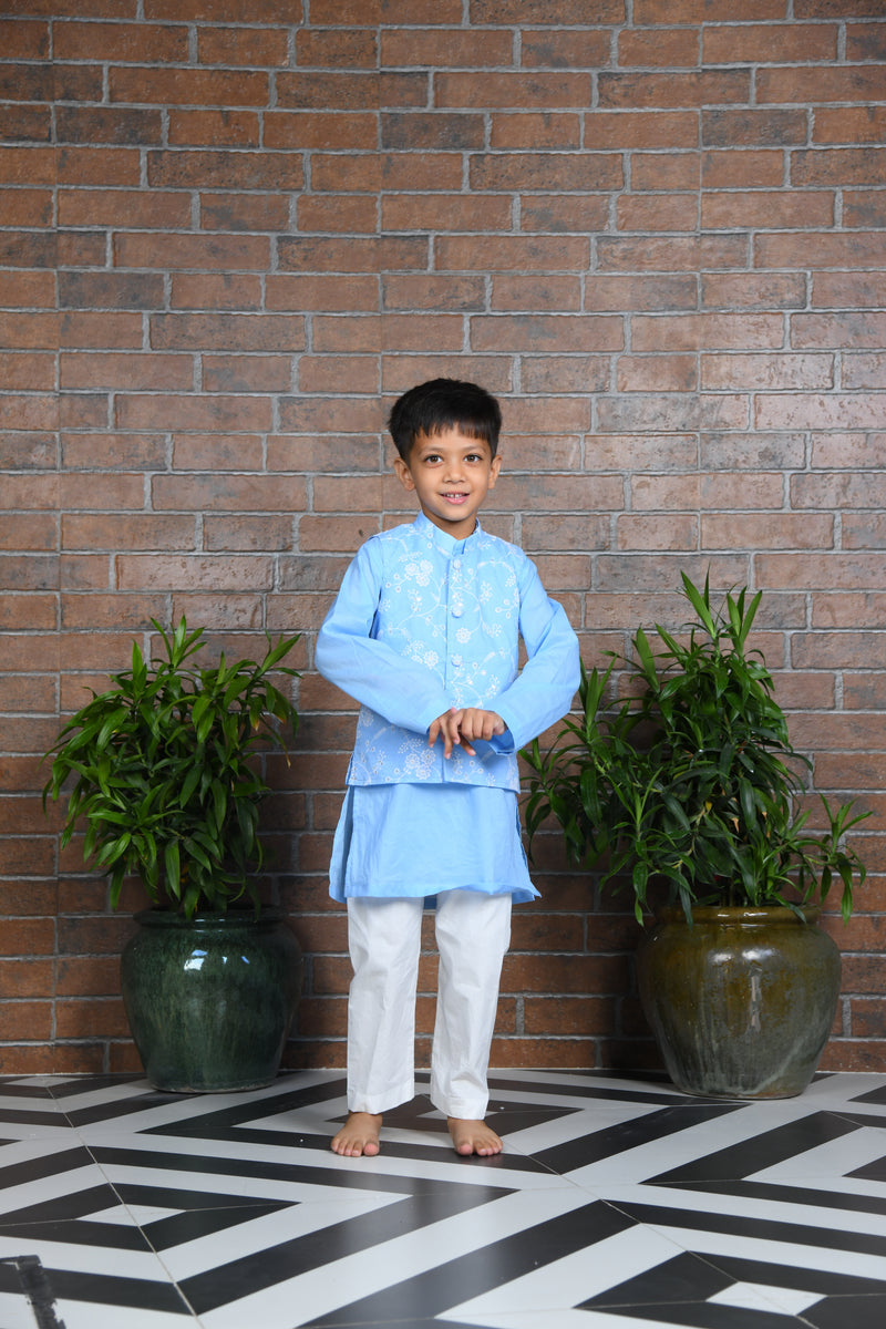 Blue cotton kurta with embroidered floral jacket  with pants