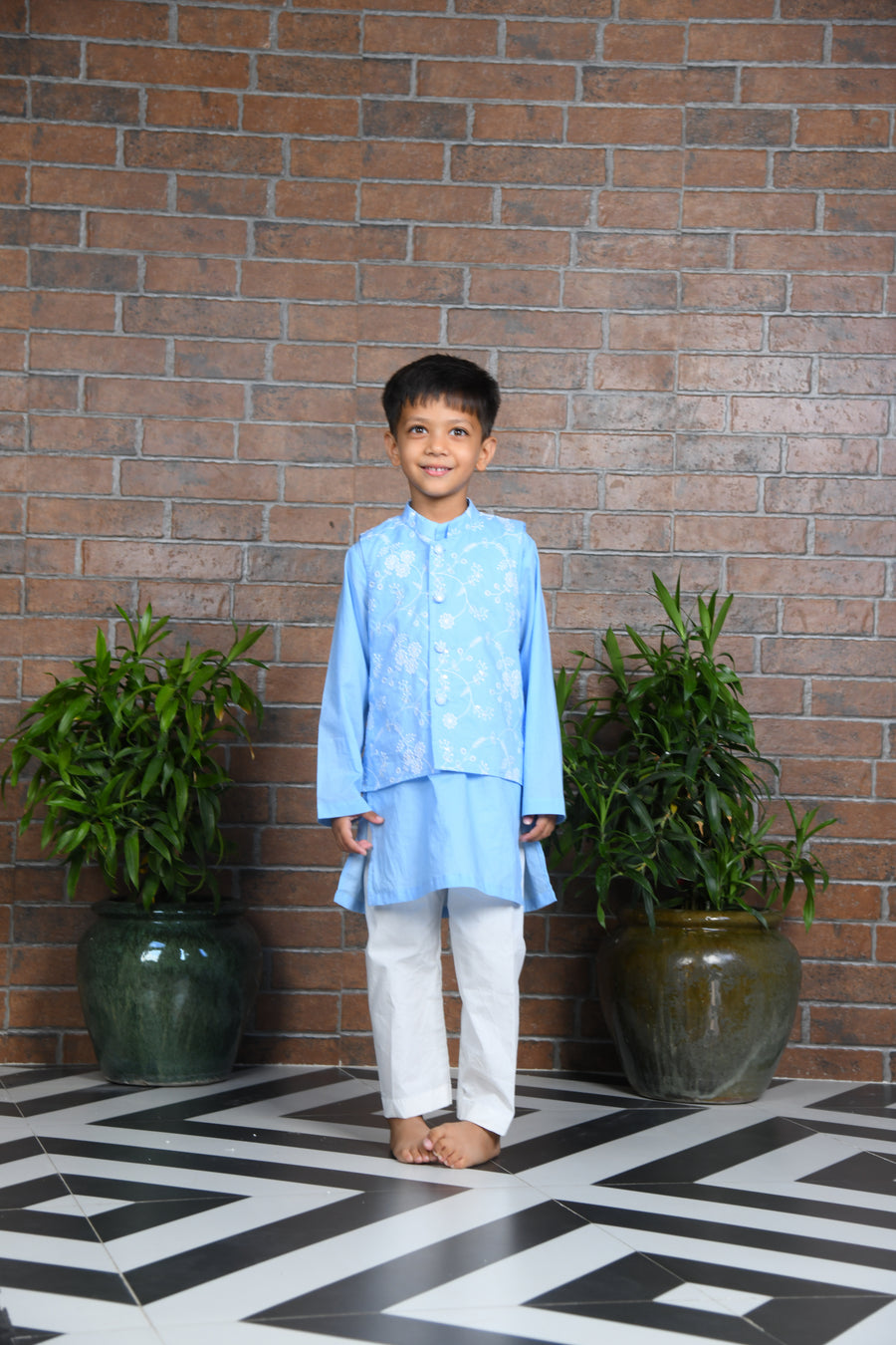 Blue cotton kurta with embroidered floral jacket  with pants
