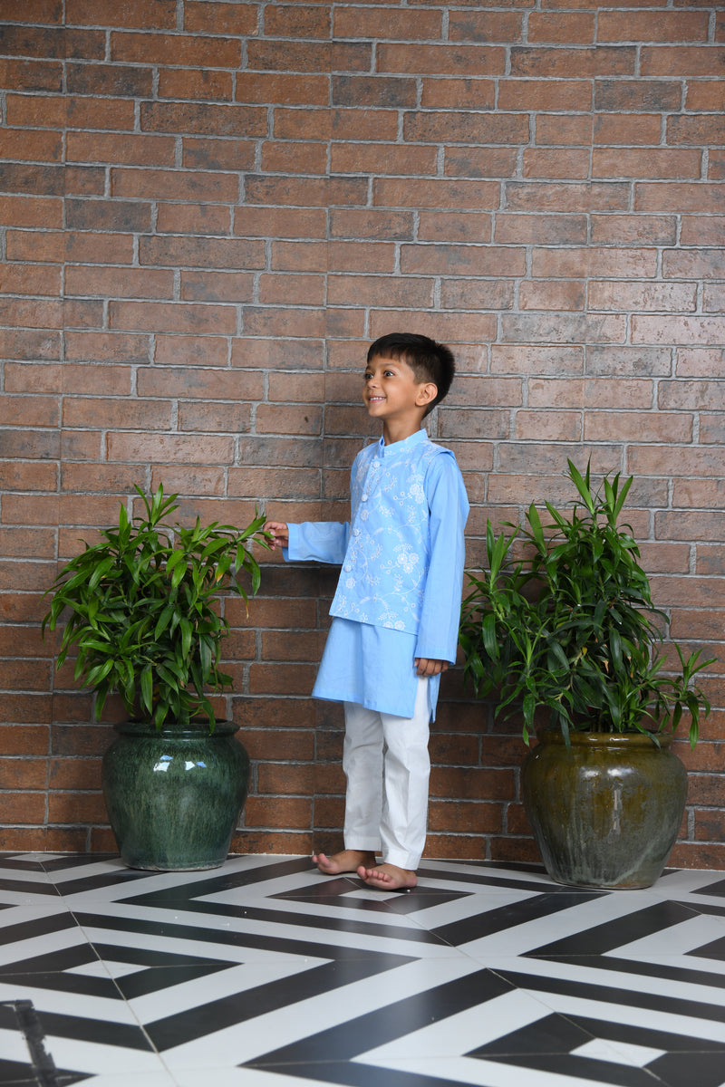 Blue cotton kurta with embroidered floral jacket  with pants
