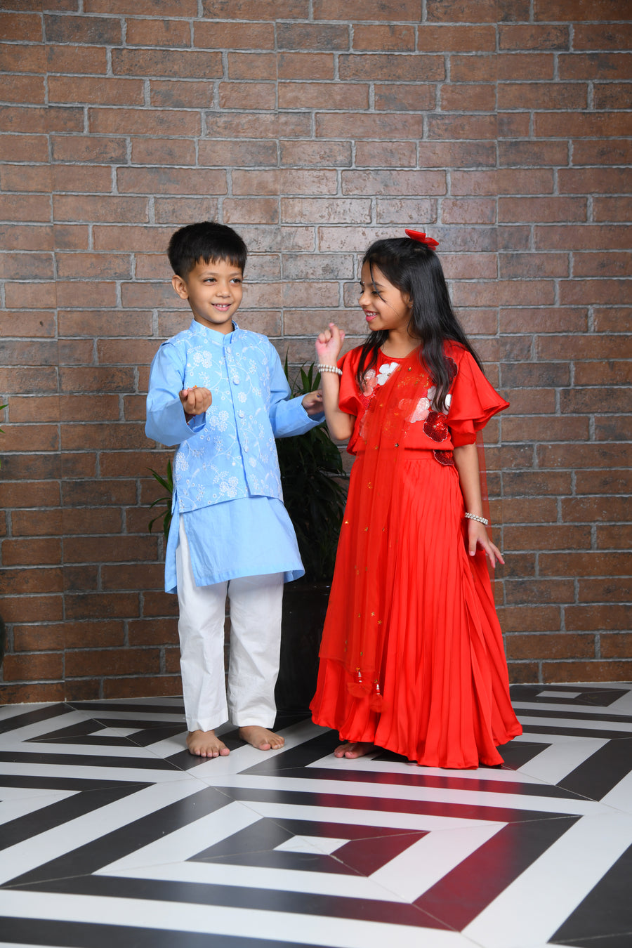 Blue cotton kurta with embroidered floral jacket  with pants