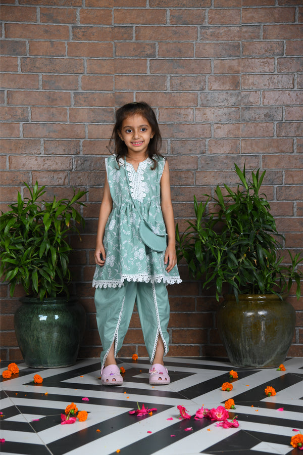 Sea green Cotton Mul Floral Embroidary Kurta With dhoti Pant and purse