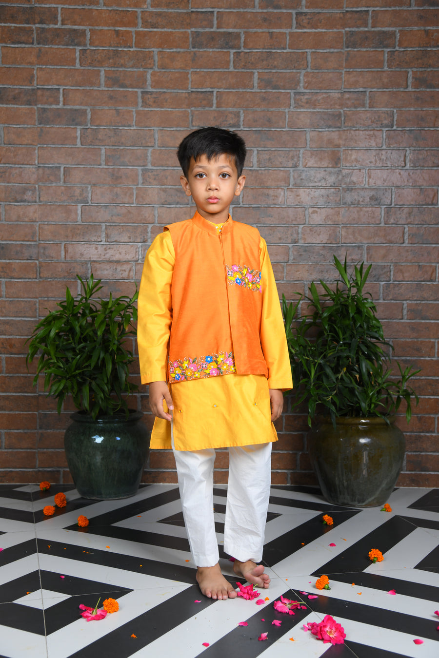 Mustard Kurta with Orange Embroidered Jacket