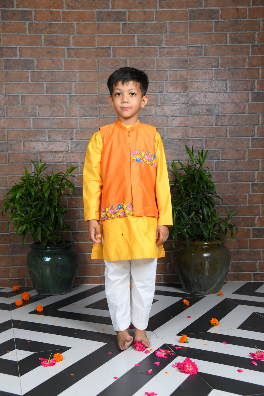 Mustard Kurta with Orange Embroidered Jacket