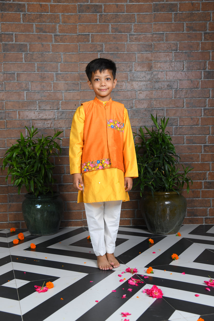 Mustard Kurta with Orange Embroidered Jacket