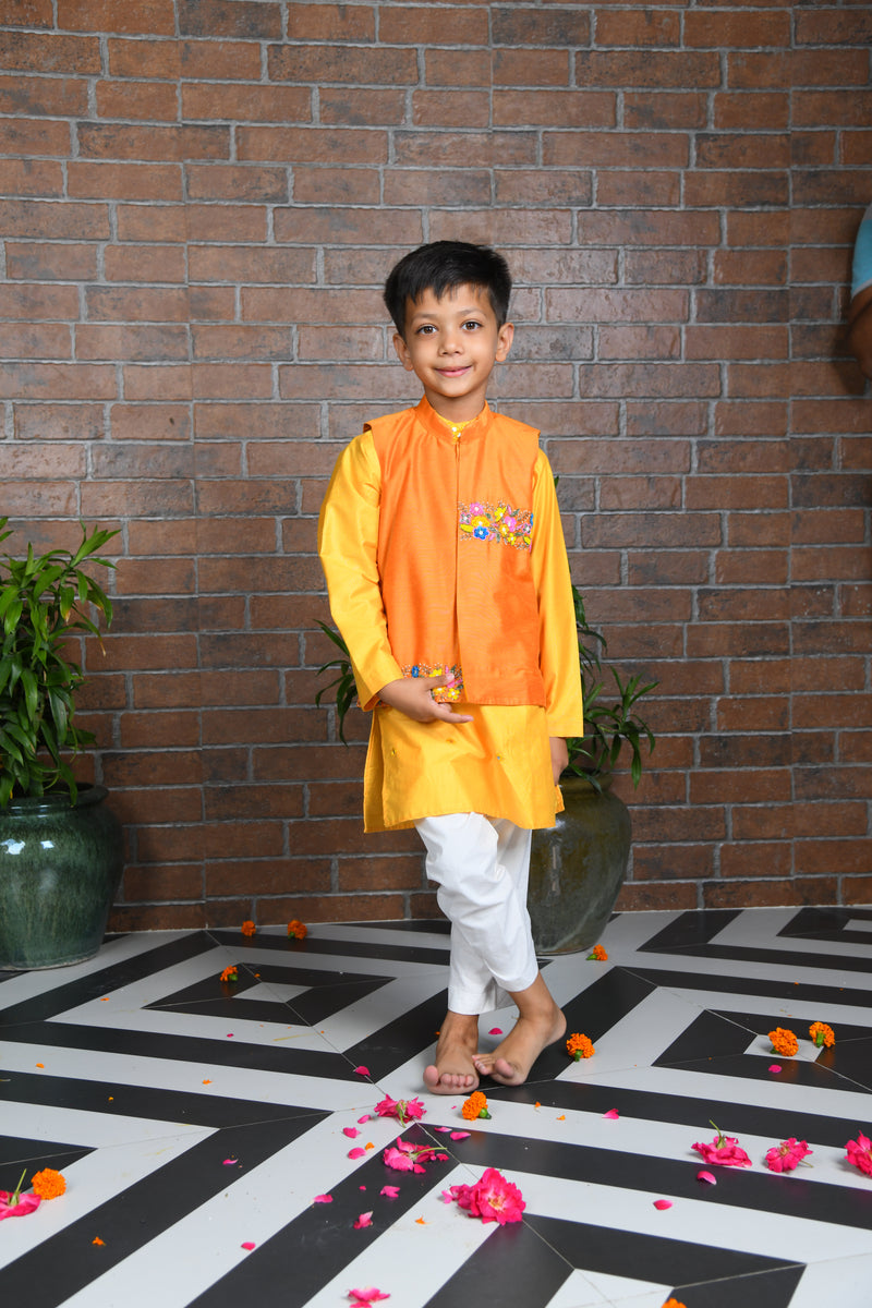 Mustard Kurta with Orange Embroidered Jacket