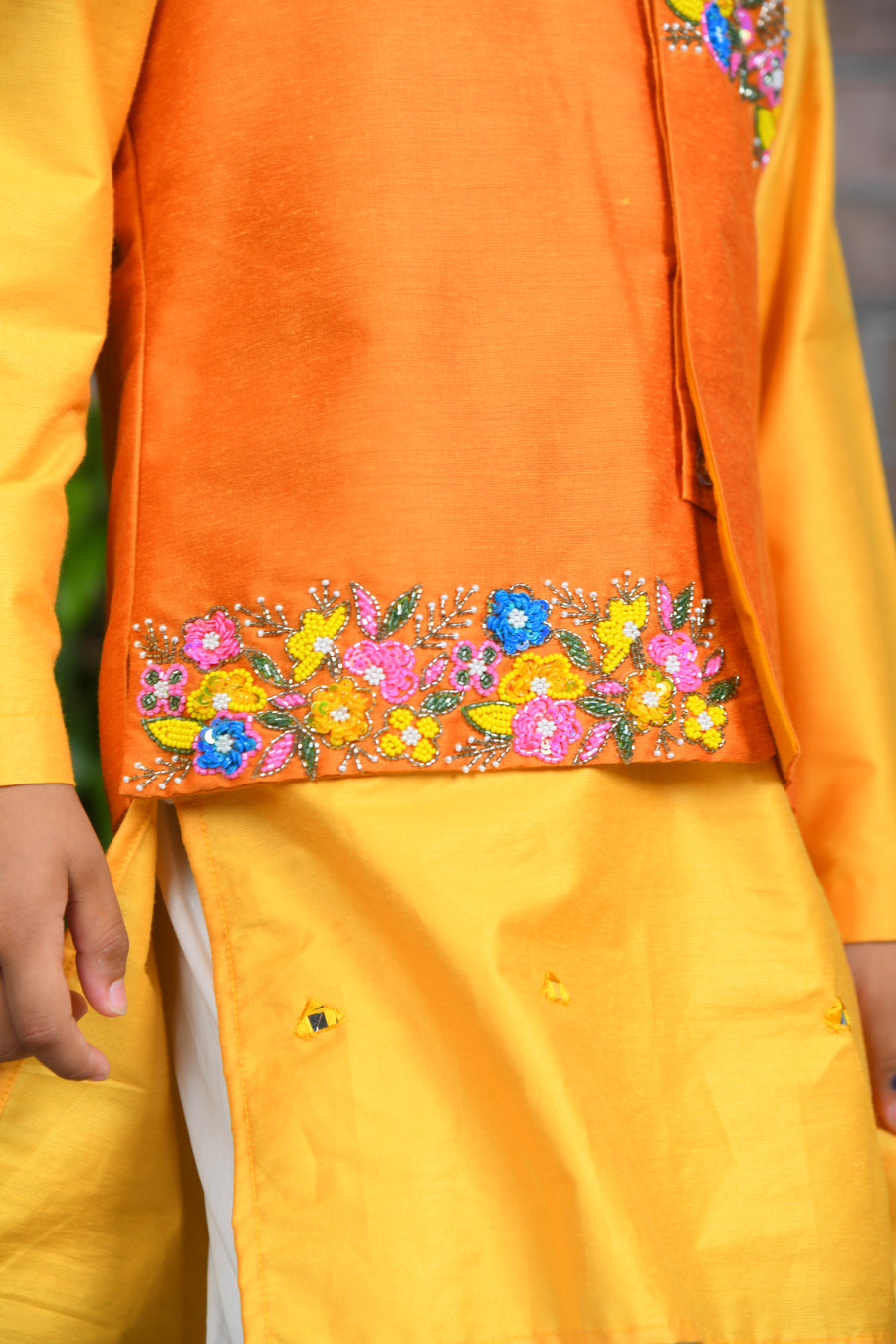 Mustard Kurta with Orange Embroidered Jacket