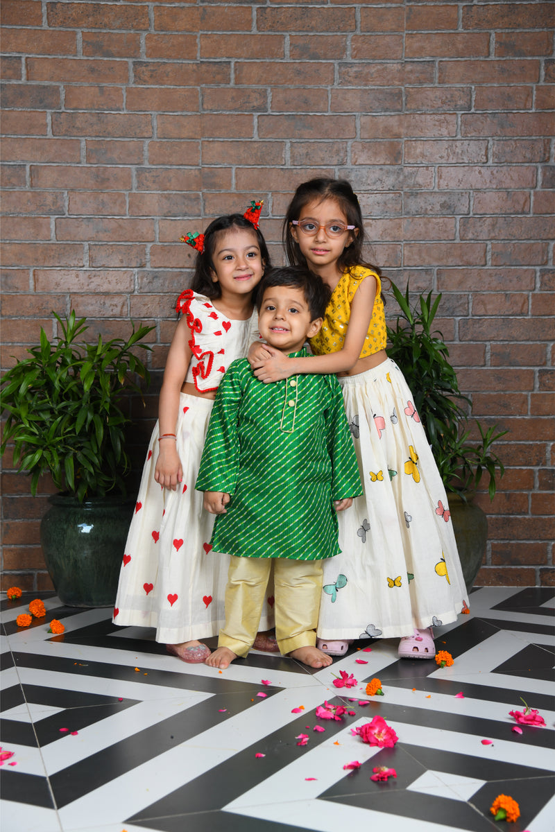 Green leheriya kota kurta with beige pants