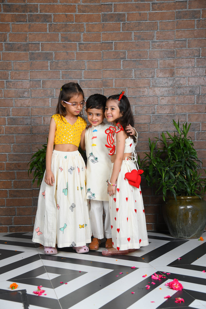 off white butterfly embroidered skirt with sequin embroidered top