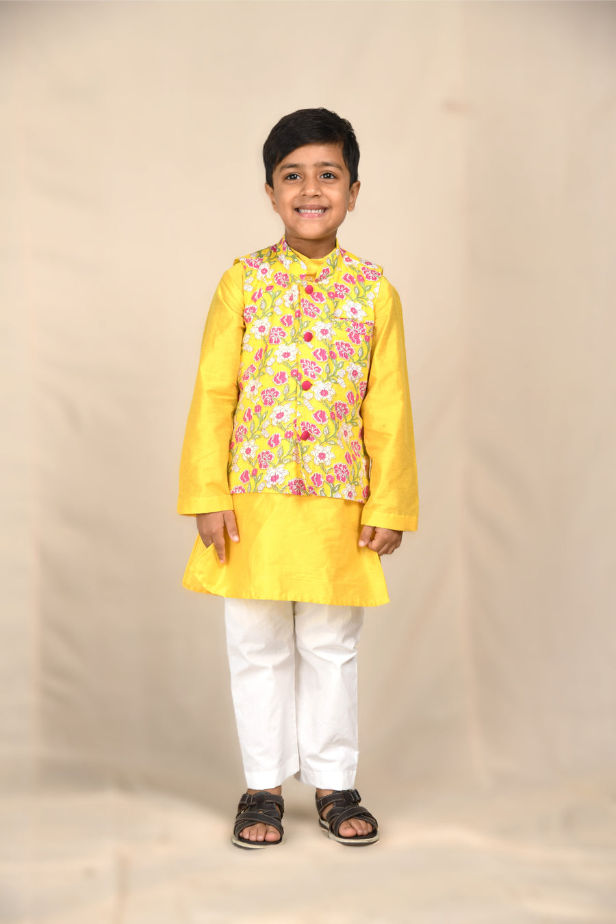 Yellow Kurta With Katha Jacket