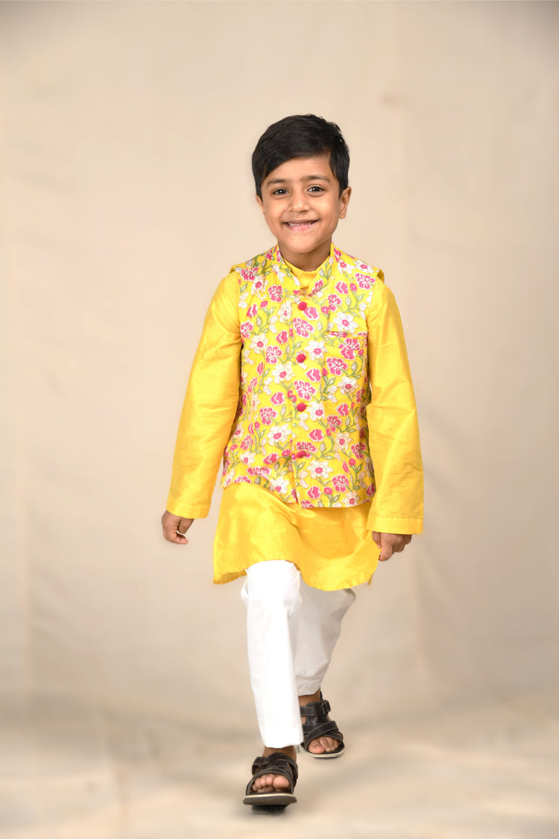 Yellow Kurta With Katha Jacket