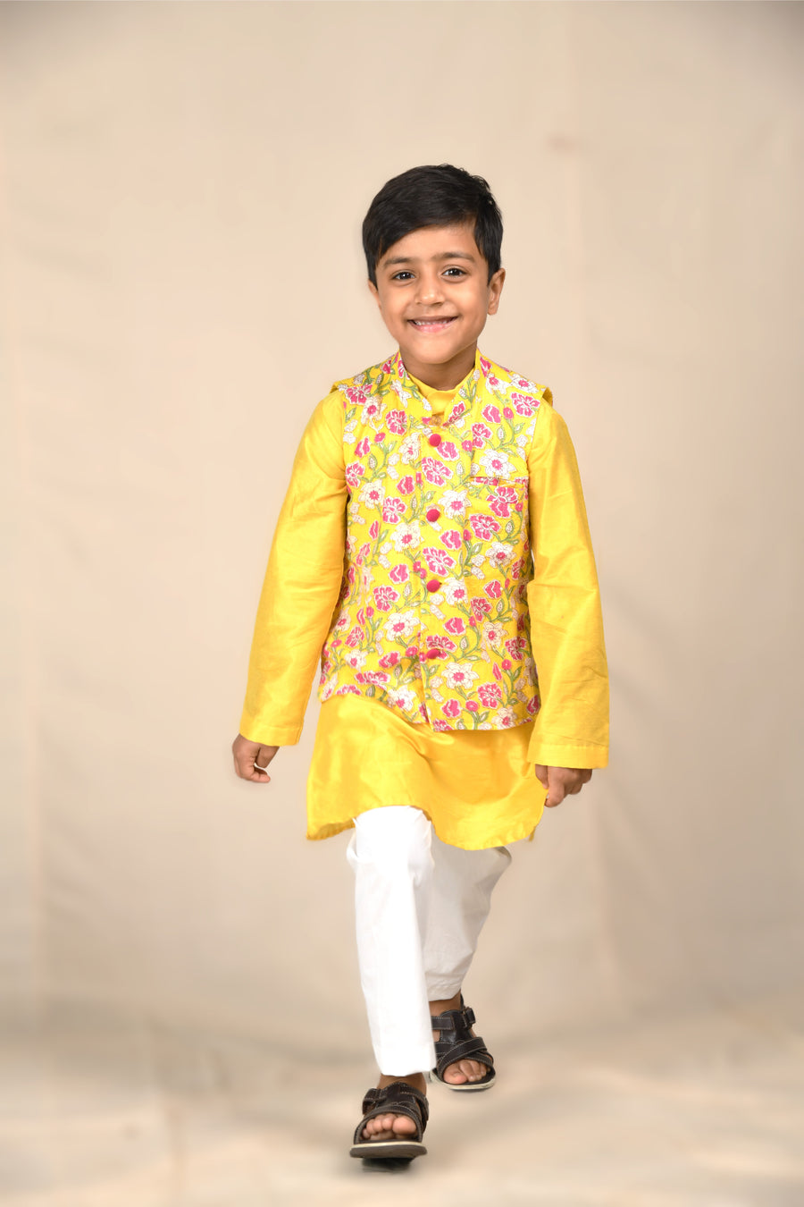 Yellow Kurta With Katha Jacket
