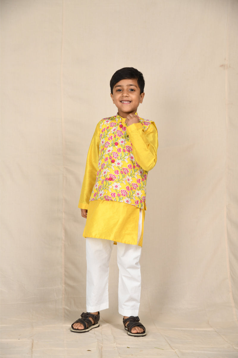 Yellow Kurta With Katha Jacket