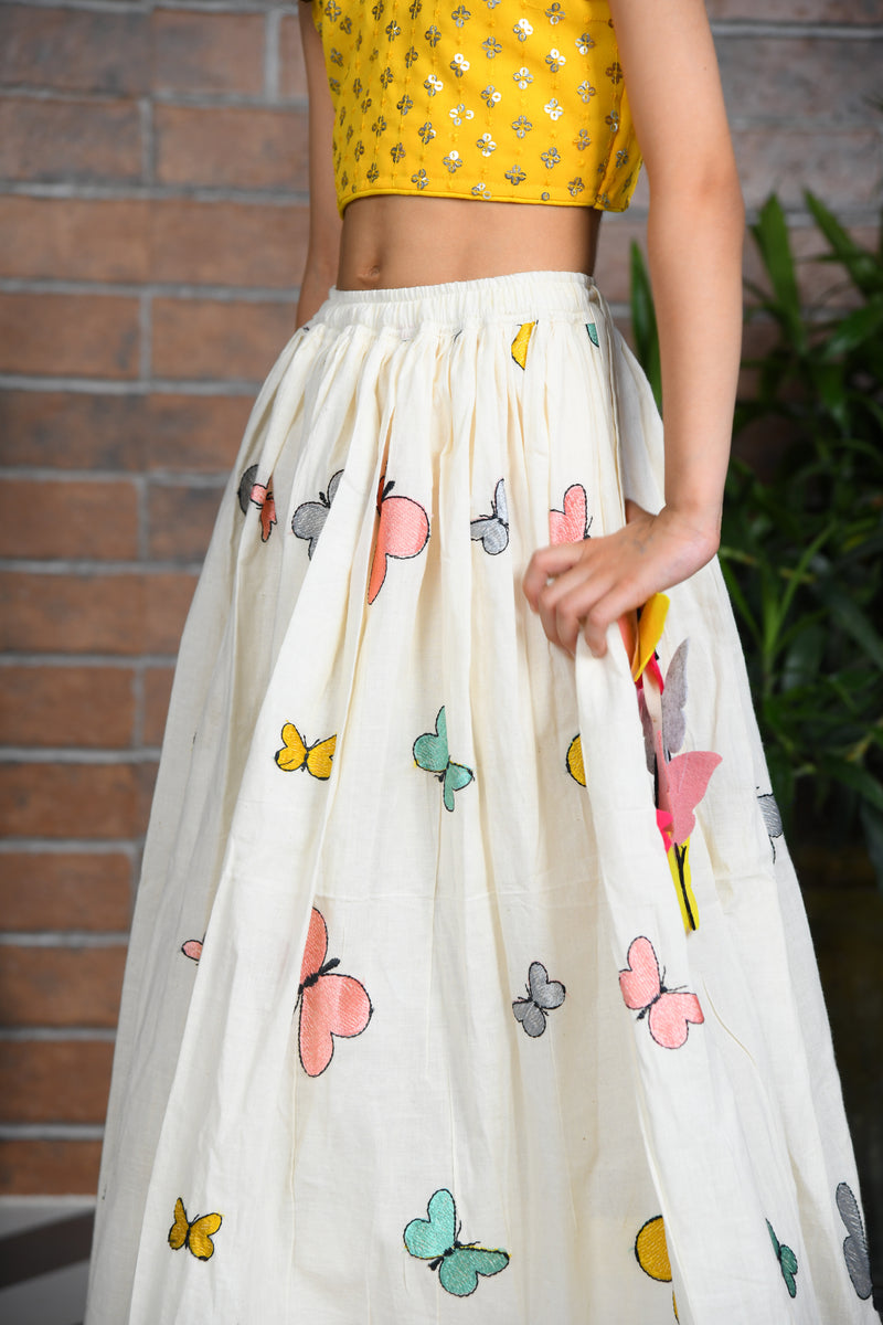 off white butterfly embroidered skirt with sequin embroidered top