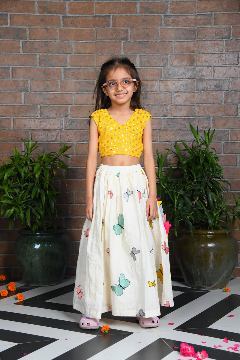 off white butterfly embroidered skirt with sequin embroidered top