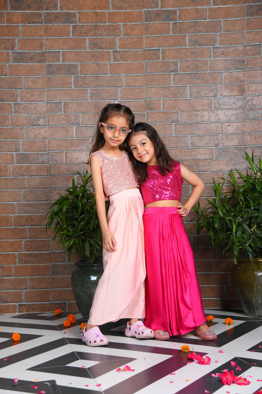 Pink Sequin Top with Dhoti Skirt