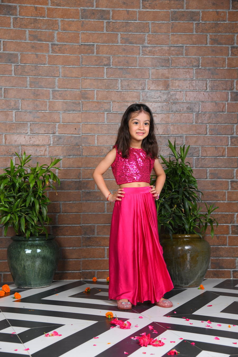 Pink Sequin Top with Dhoti Skirt