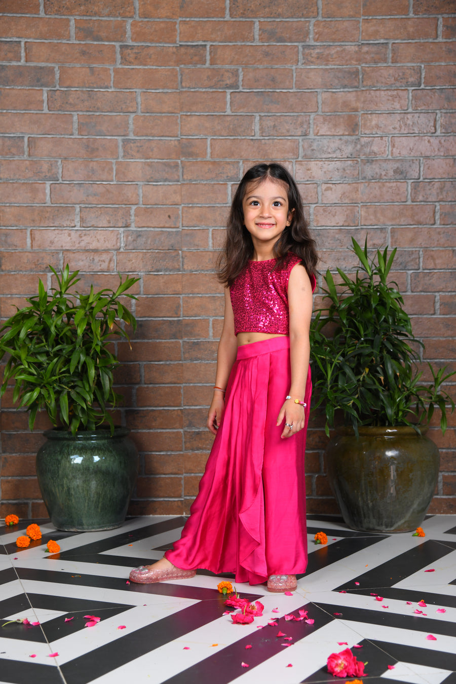 Pink Sequin Top with Dhoti Skirt