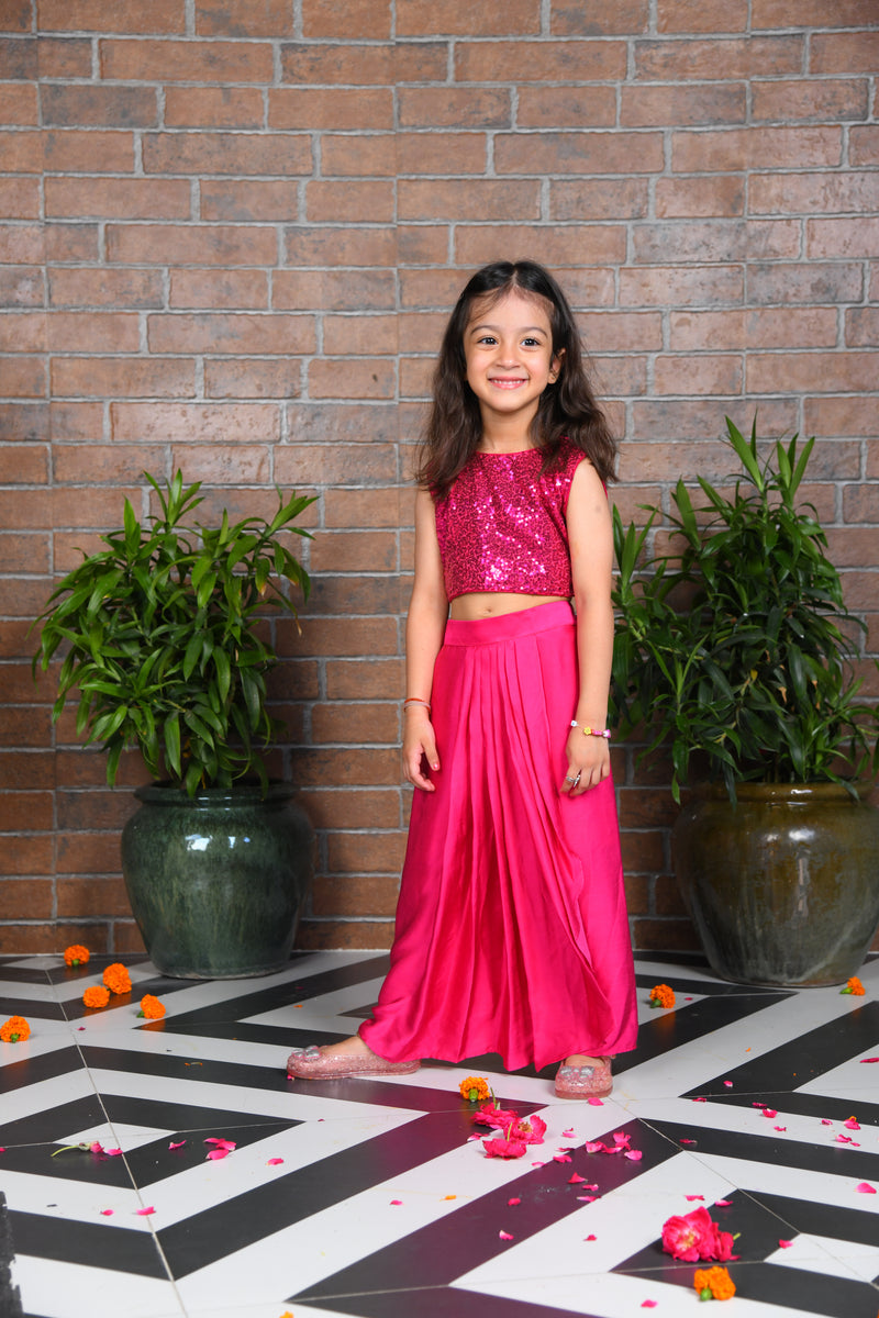 Pink Sequin Top with Dhoti Skirt