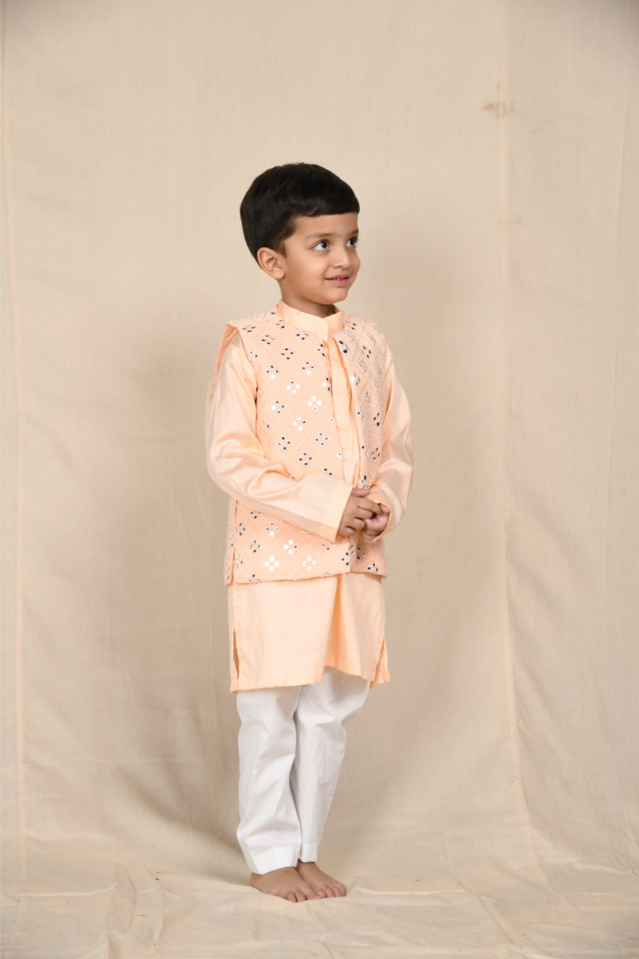 Peach Kurta With Mirrorwork Open Jacket
