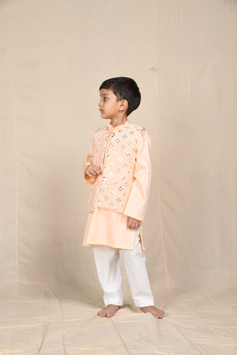Peach Kurta With Mirrorwork Open Jacket